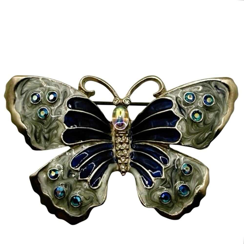 Vintage Blue Enamel Butterfly Brooch • Rhinestones • 2.25” Wide